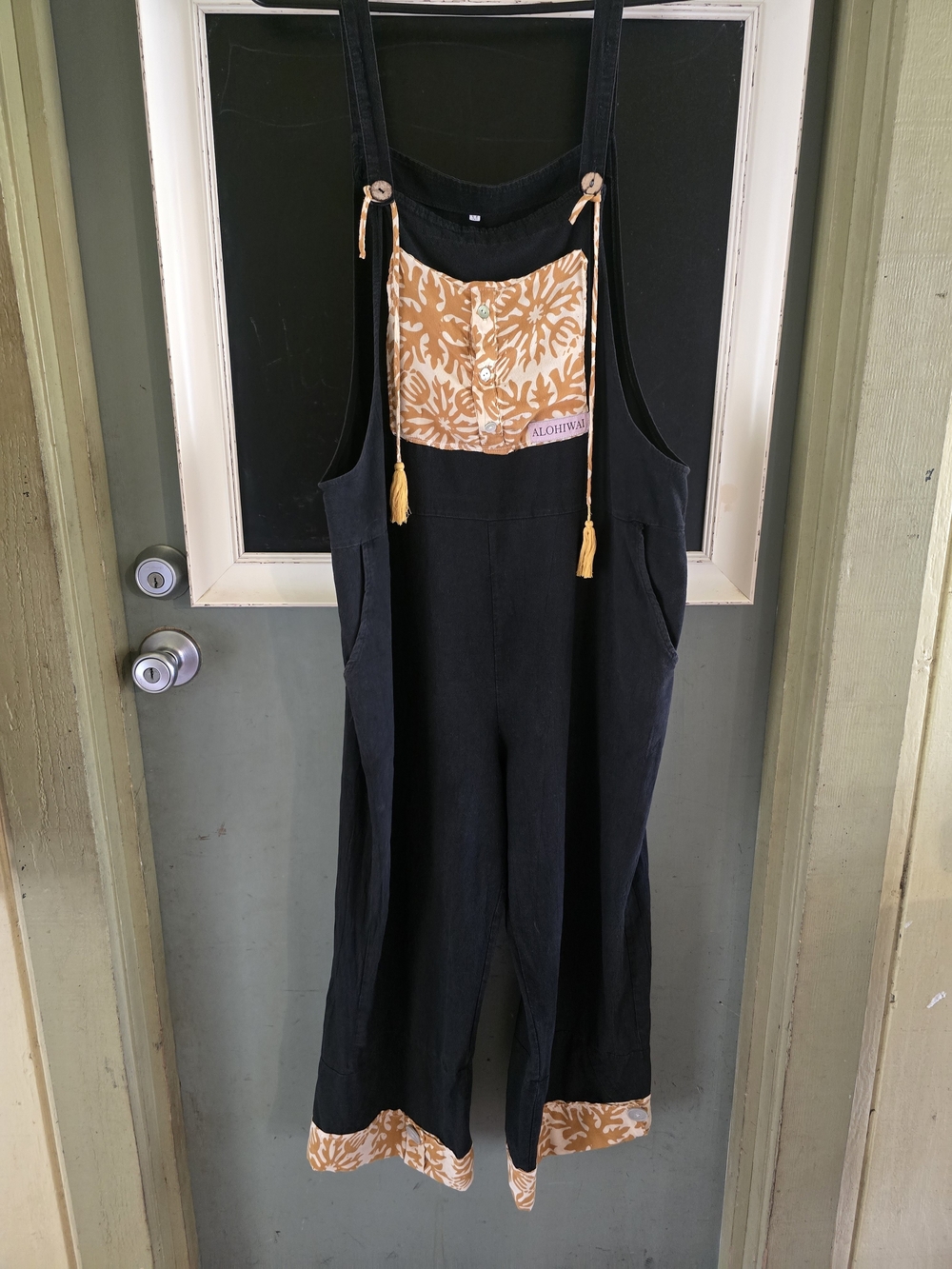 Upcycled Black Jumpsuit with Mustard Patterned Bib & Hem